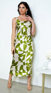 Addison Geo Print Satin Skirt Set - Green